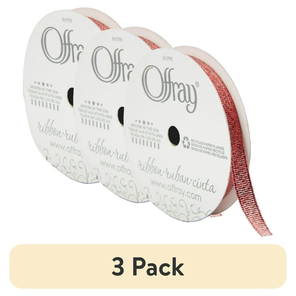 (3 pack) Offray Ribbon, Red 3/8 inch Galena Metallic Ribbon for Wedding, Crafts, and Gifting, 9 feet, 1 Each