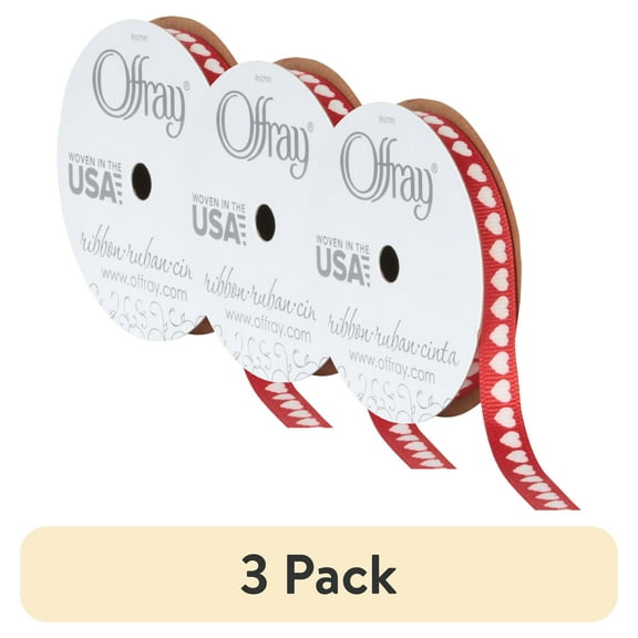 (3 pack) Offray Ribbon, Red 3/8 inch Grosgrain Polyester Ribbon, 9 feet