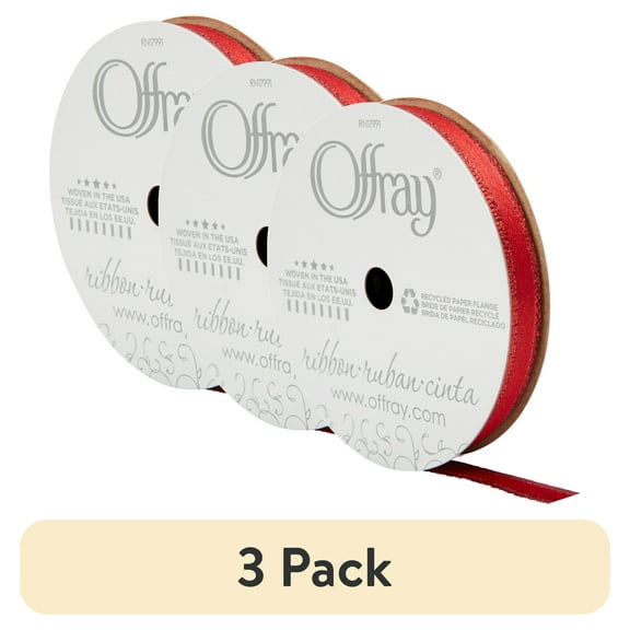 (3 pack) Offray Ribbon, Red 3/8 inch Metallic Ribbon, 9 feet