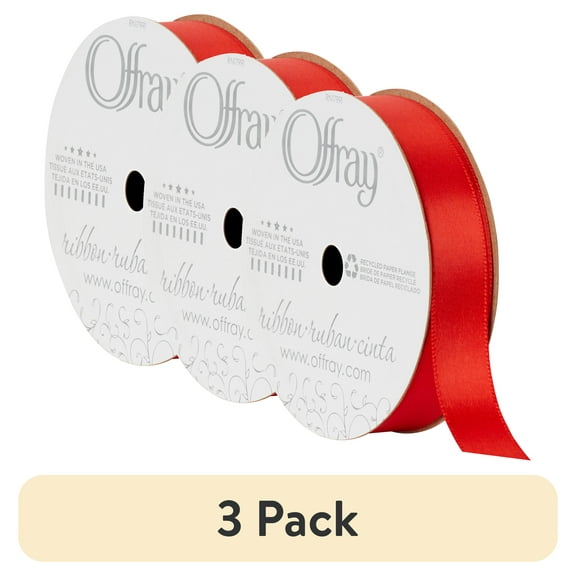(3 pack) Offray Ribbon, Red 5/8 inch Double Face Satin Polyester Ribbon for Wedding, Sewing, and Crafts, 12 feet, 1 Each