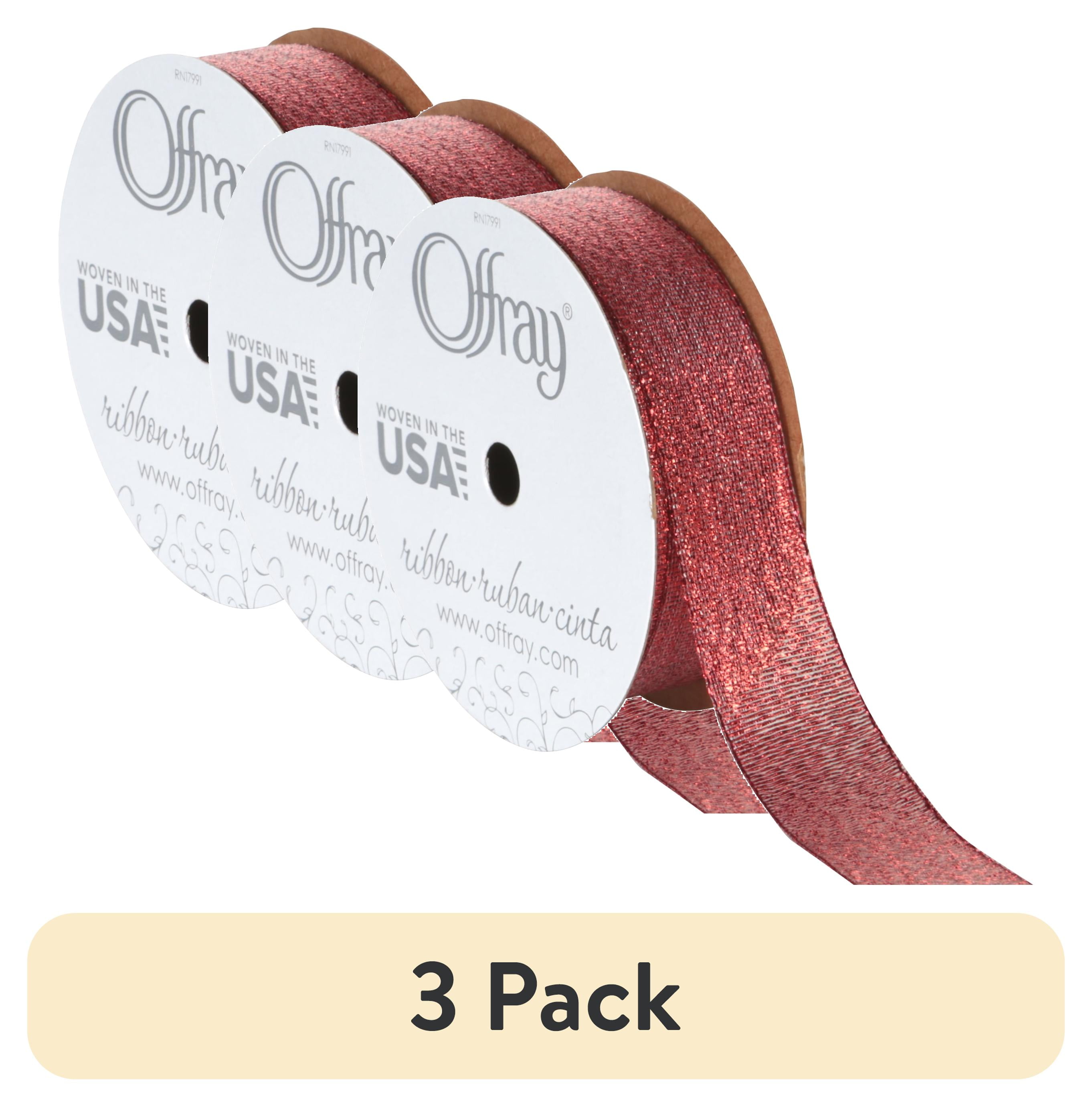 (3 pack) Offray Ribbon, Red 7/8 inch Galena Metallic Ribbon, 9 feet
