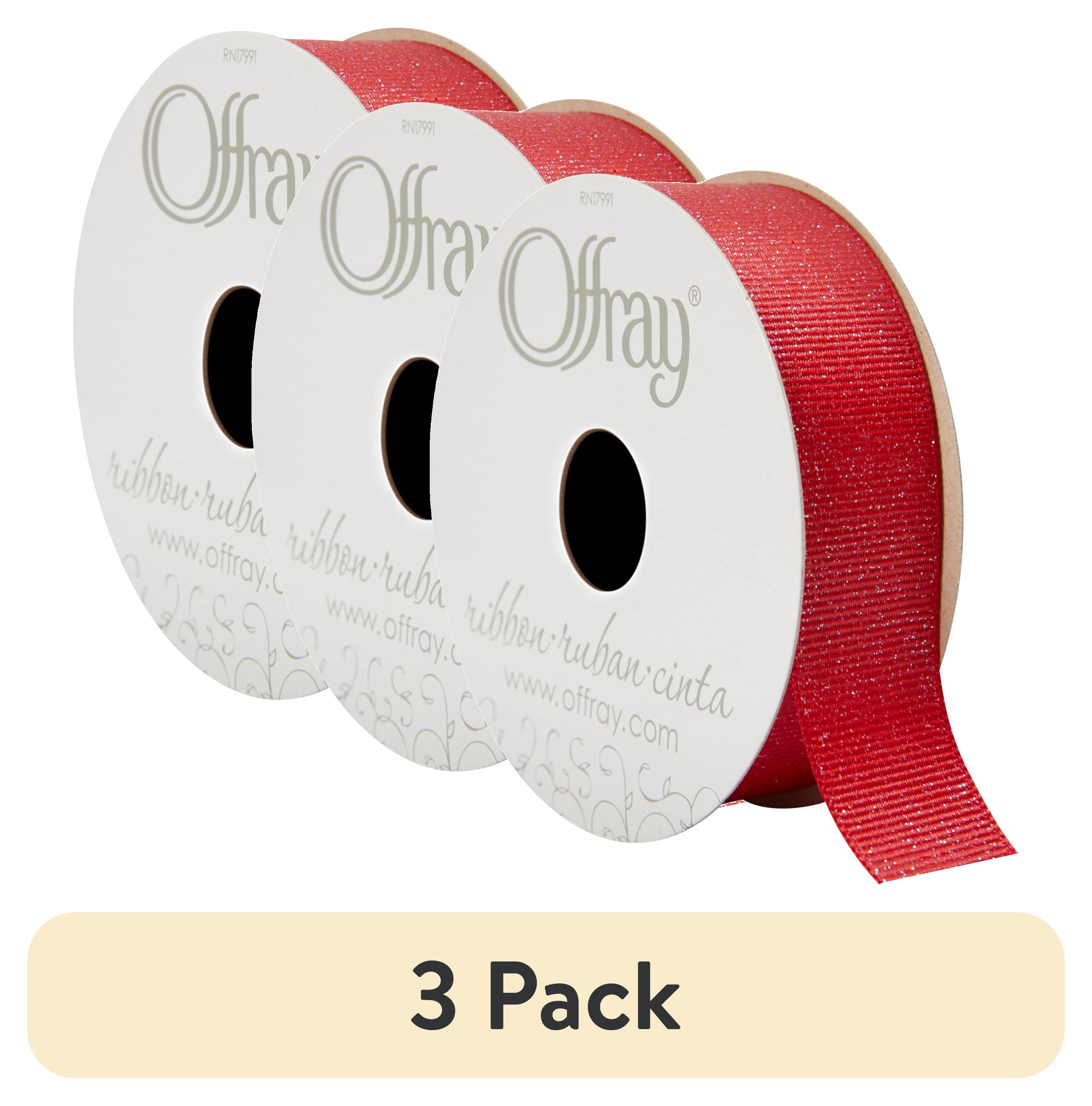 (3 pack) Offray Ribbon, Red 7/8 inch Grosgrain Glitter Polyester Ribbon, 9 feet