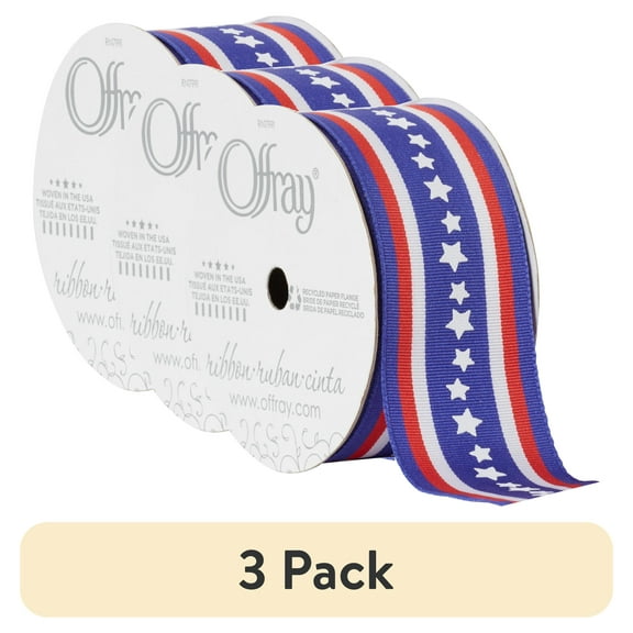 (3 pack) Offray Ribbon, Red, White, Blue 1 1/2 inch Patriotic Star Woven Ribbon, 9 feet
