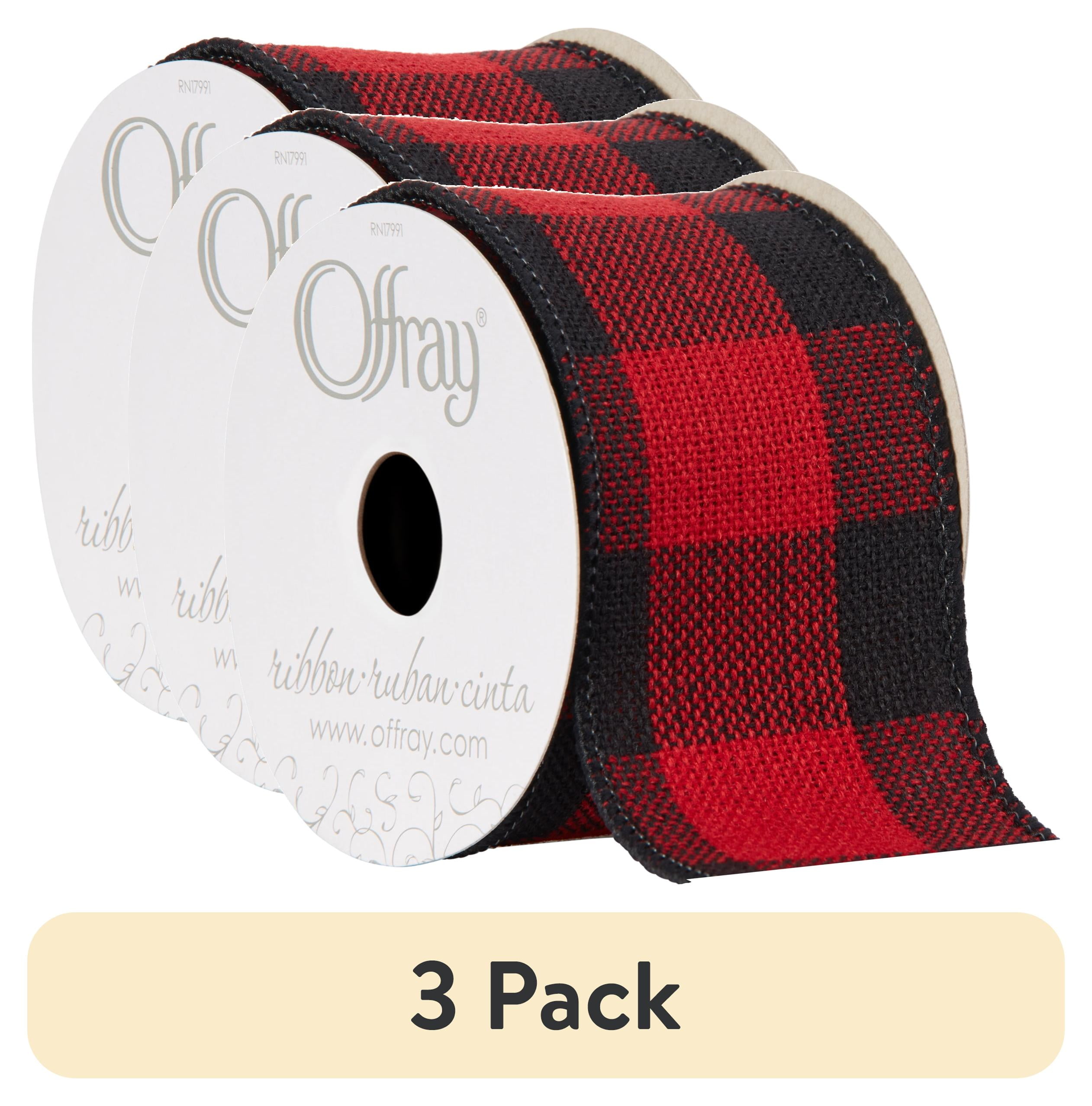 (3 pack) Offray Ribbon, Red and Black Buffalo Check 2 1/2 inch Wired Edge Woven Ribbon, 9 feet