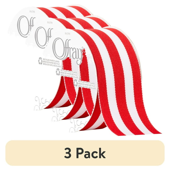 (3 pack) Offray Ribbon, Red and White Stripes 1 1/2 inch Grosgrain Polyester Ribbon, 9 feet, 1 Each