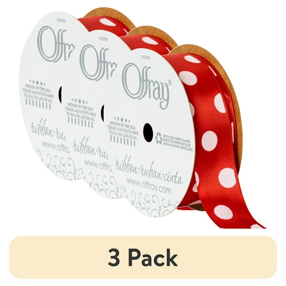(3 pack) Offray Ribbon, Red with Polka Dot 7/8 inch Single Face Satin Polyester Ribbon, 9 feet