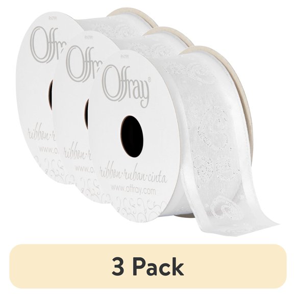 (3 pack) Offray Ribbon, White 1 1/2 inch Wired Edge Sheer Sheer Ribbon, 9 feet