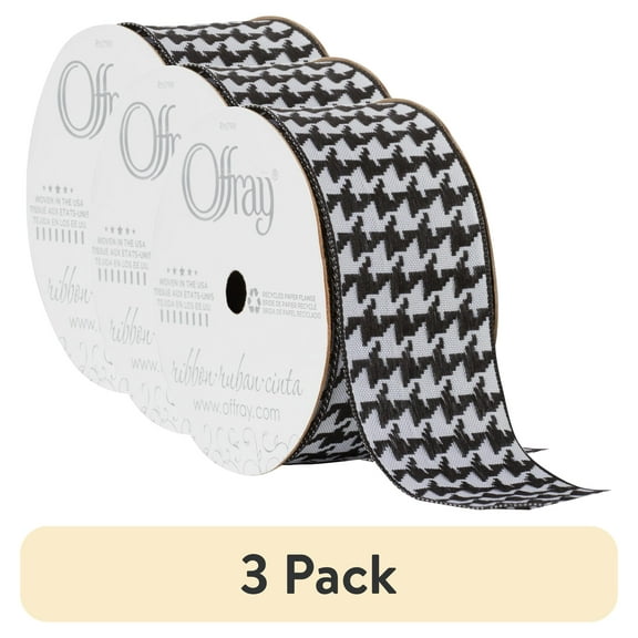(3 pack) Offray Ribbon, White 1 1/2 inch Wired Houndstooth Woven Ribbon, 9 feet