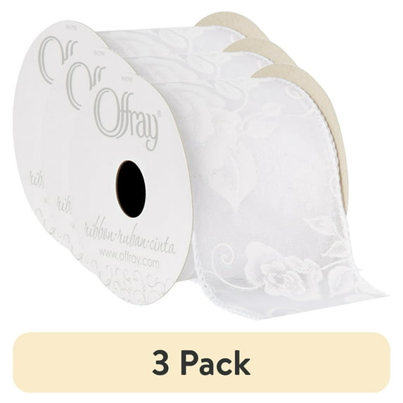 (3 pack) Offray Ribbon, White 2 1/2 inch Wired Rose Sheer Ribbon for Floral, Crafts, and Decor, 9 feet, 1 Each