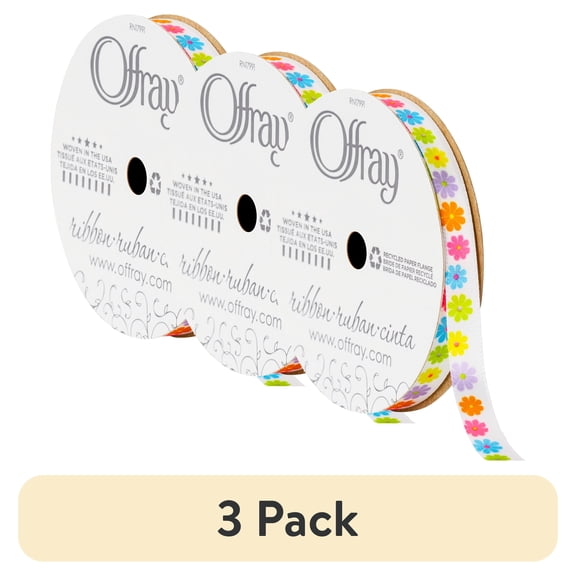 (3 pack) Offray Ribbon, White 3/8 inch Bright Flowers Satin Ribbon, 9 feet
