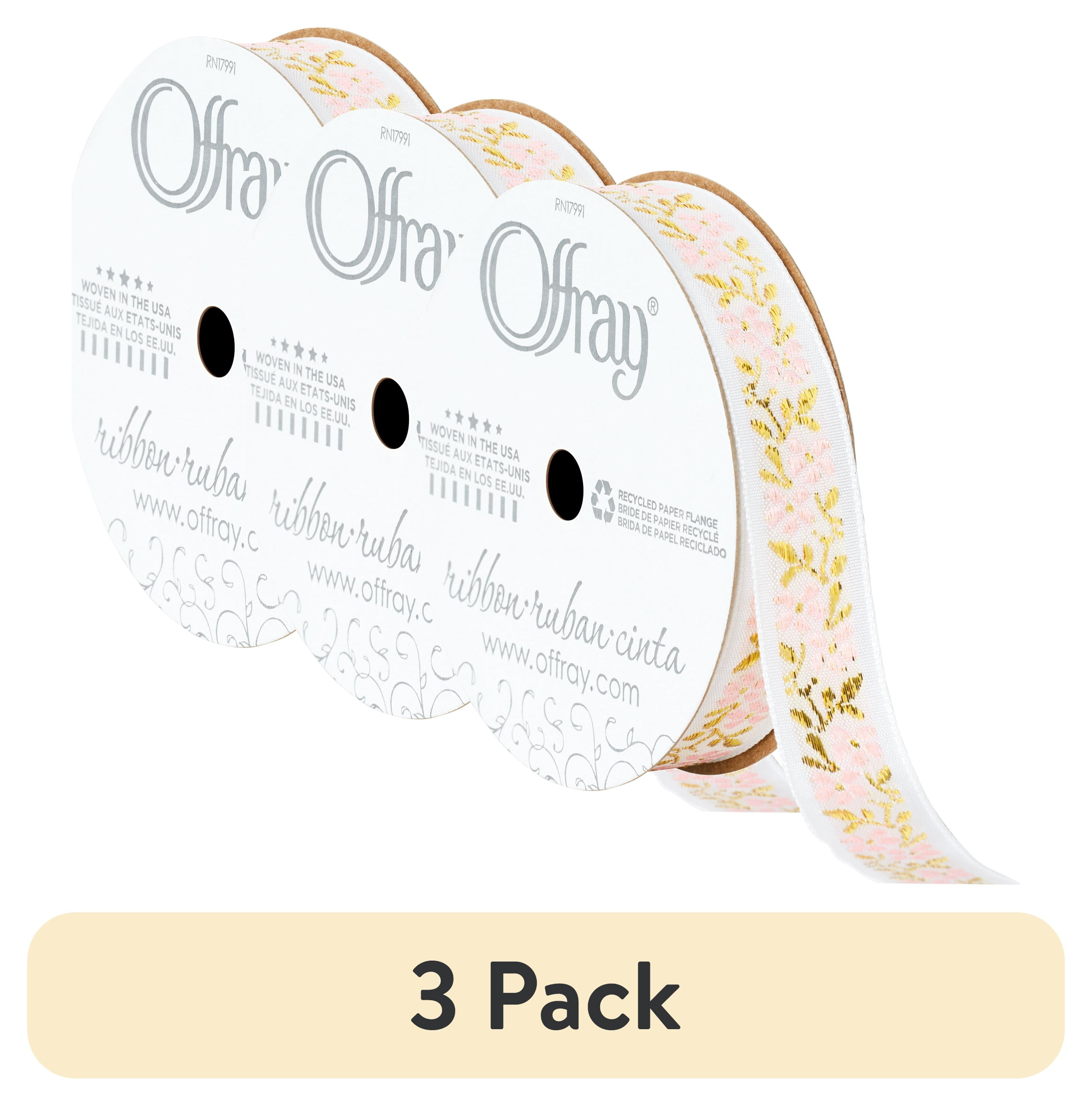 (3 pack) Offray Ribbon, White 5/8 inch Floral Jacquard Ribbon for Wedding, Crafts, Gifting, 9 feet, 1 Each