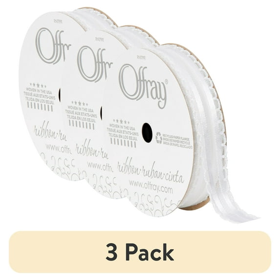 (3 pack) Offray Ribbon, White 5/8 inch Kendra Ribbon, 9 feet