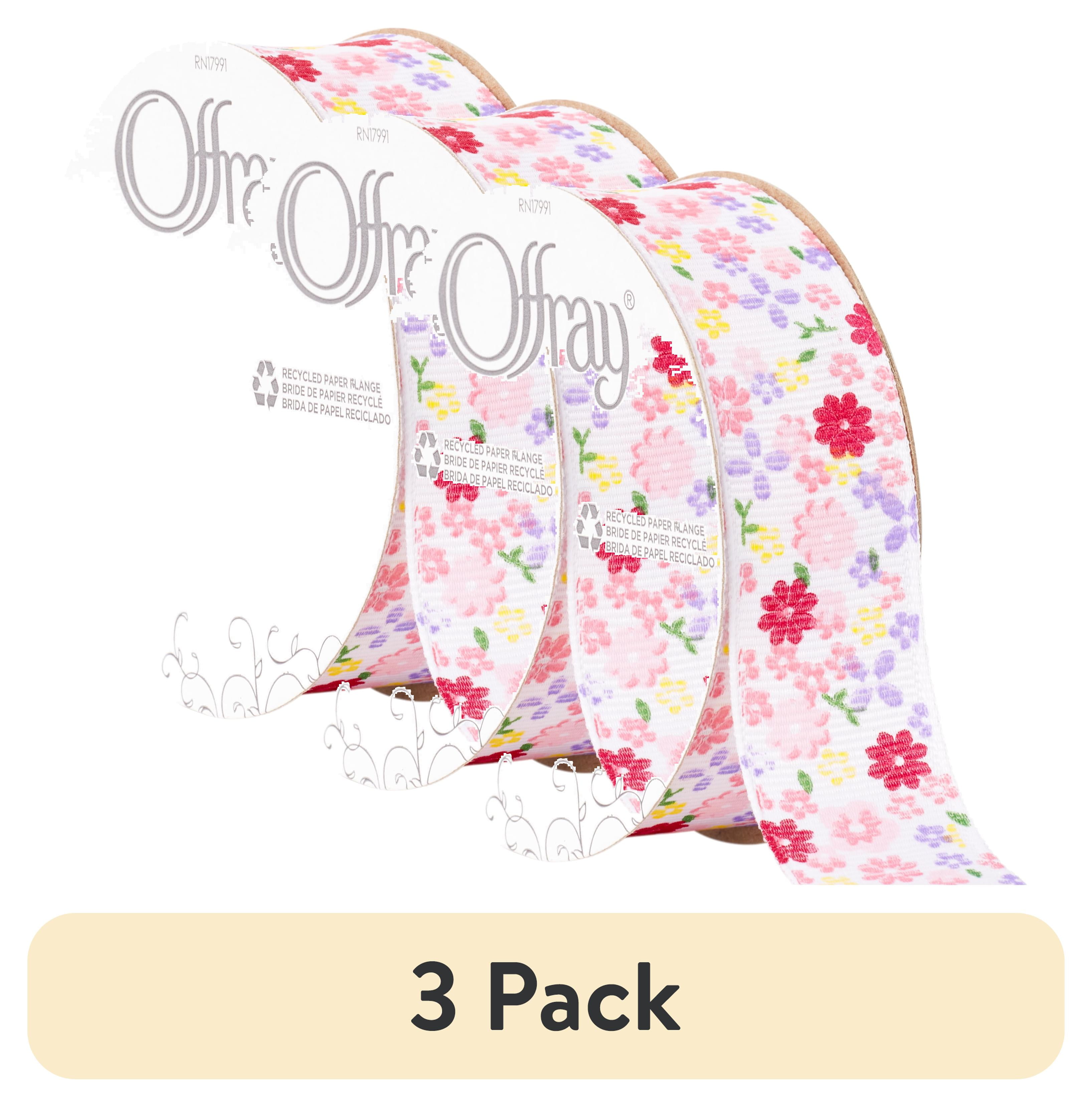 (3 pack) Offray Ribbon, White 7/8 inch Floral Grosgrain Ribbon, 9 feet