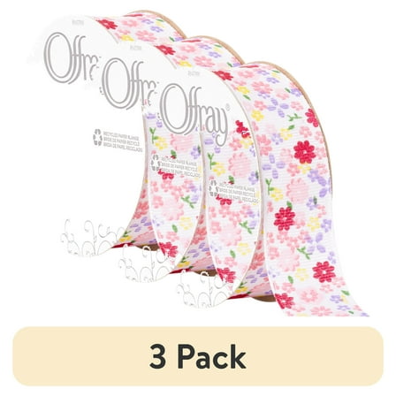 (3 pack) Offray Ribbon, White 7/8 inch Floral Grosgrain Ribbon, 9 feet