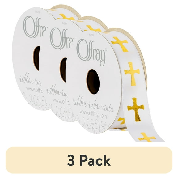 (3 pack) Offray Ribbon, White with Gold Cross 7/8 inch Polyester Ribbon,, 9 feet