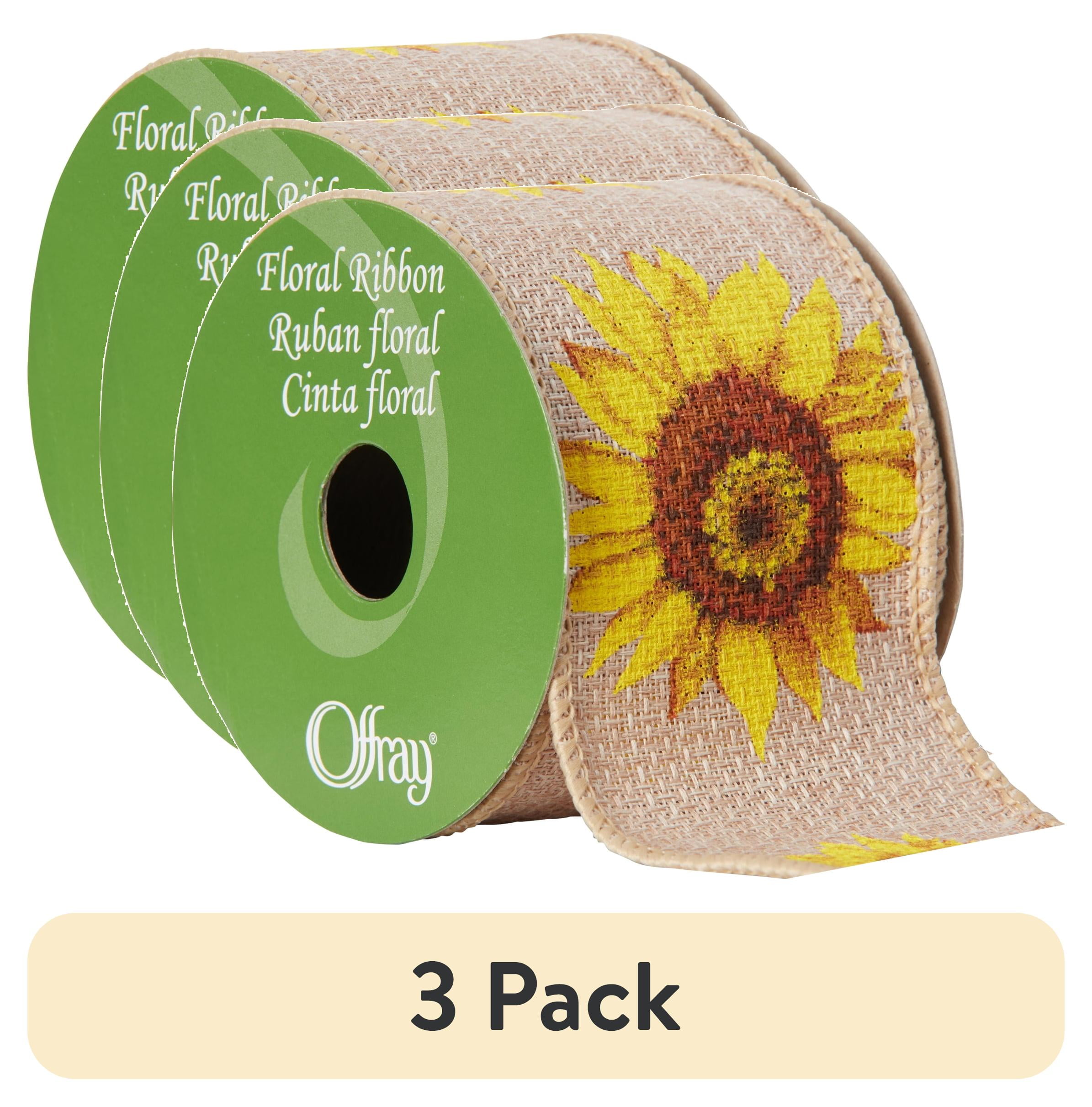 (3 pack) Offray Ribbon, Yellow 2 1/2 inch Wired Sunflower Burlap Ribbon, 9 feet