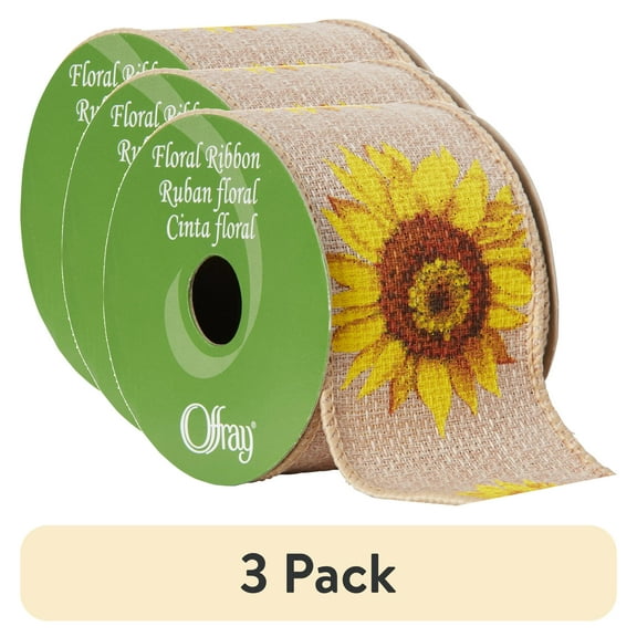 (3 pack) Offray Ribbon, Yellow 2 1/2 inch Wired Sunflower Burlap Ribbon, 9 feet