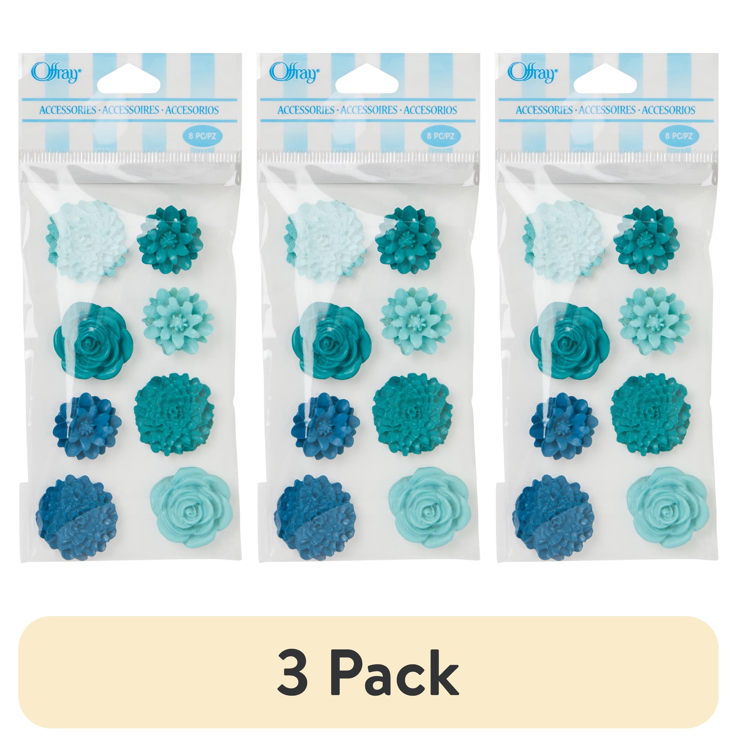 (3 pack) Offray turquoise tin yard resin flower accents are great for wedding, hair clips, scrapbooking, and other craft projects, 8 count, 1 package