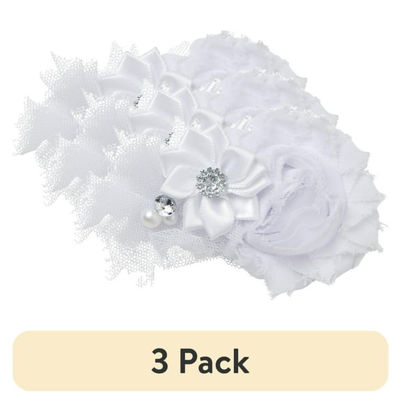 (3 pack) Offray White Satin Tulle with Gem Flower Cluster, 1 Each Embellishment