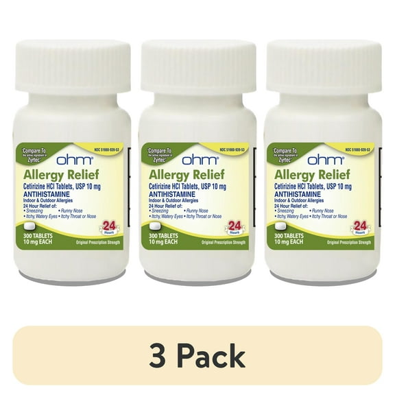 (3 pack) Ohm Cetirizine HCl 10mg Tablets, 24-Hour Allergy Relief, Antihistamine for Pollen, Hay Fever, Dry Itchy Eyes, 300 Count