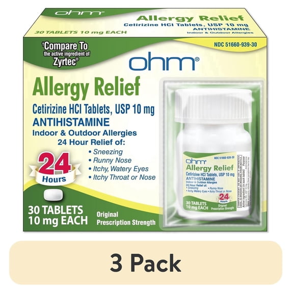(3 pack) Ohm 24-Hour Antihistamine Cetirizine HCl 10 mg Tablets, 30 Count – All-Day Allergy Relief for Itchy Eyes, Runny Nose, Hay Fever, Pollen, and Indoor & Outdoor Allergies
