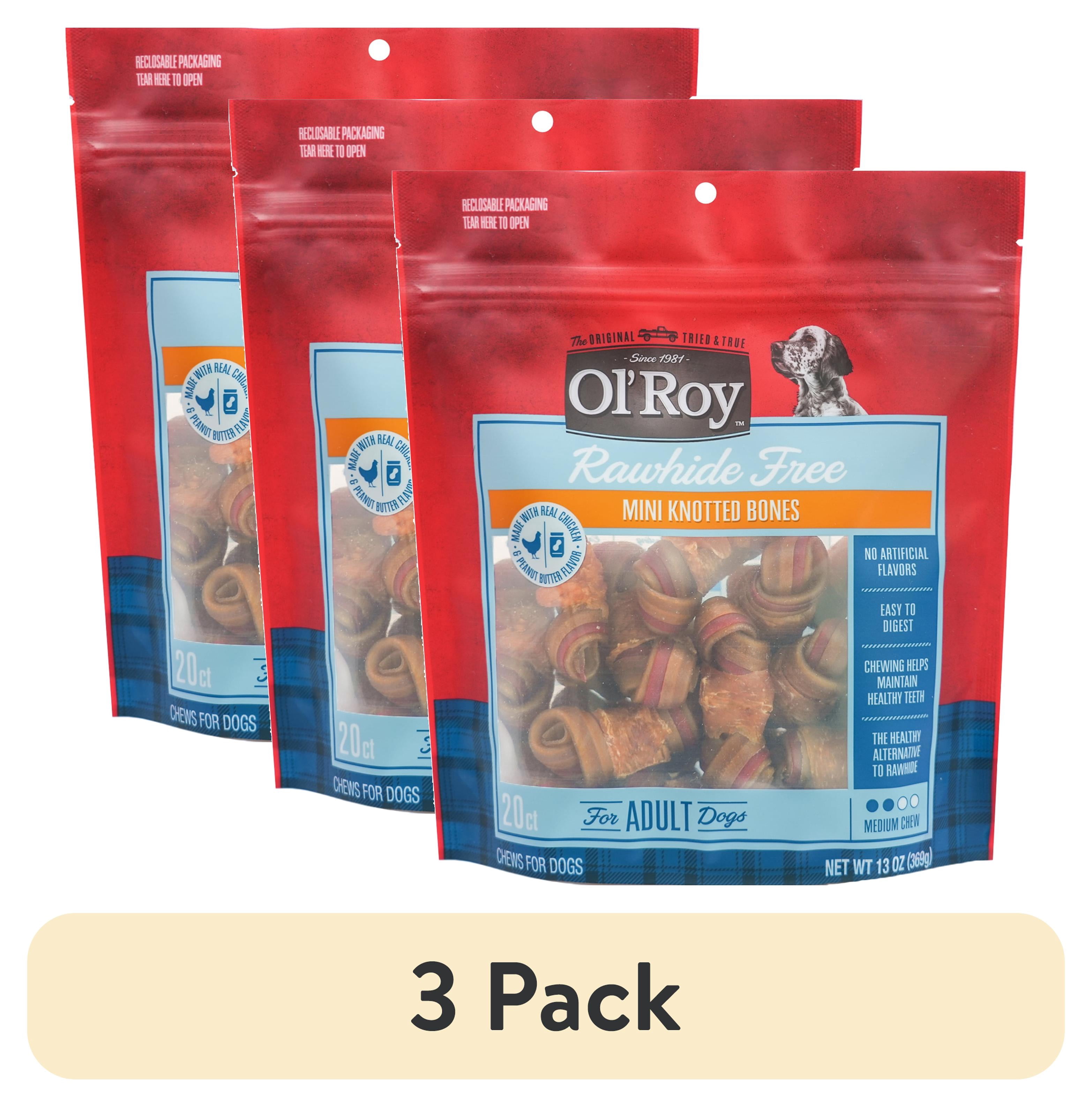 (3 pack) Ol' Roy 2.5 Inch Rawhide Free Mini Knotted Peanut Butter Flavored Bones, Chews for Dogs, 13 oz, 20 Count