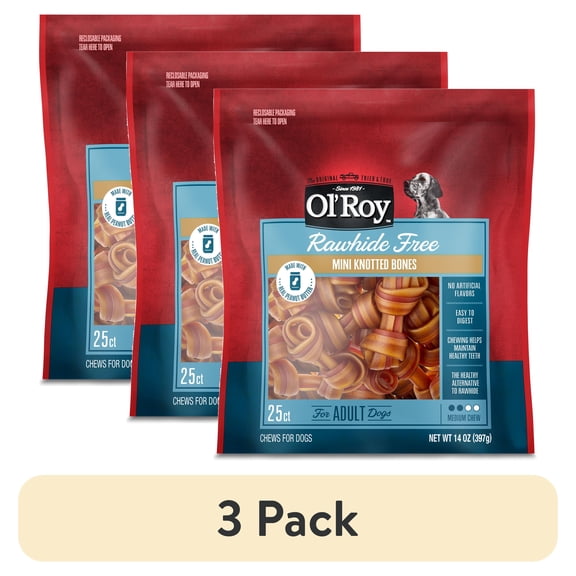 (3 pack) Ol' Roy 2.5 Inch Rawhide Free Mini Knotted Peanut Butter Flavored Bones, Chews for Dogs, 14 oz, 25 Count