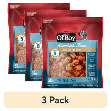 (3 pack) Ol' Roy 2.5" Rawhide Free Mini Knotted Peanut Butter Flavored Bones, Chews for Dogs, 28.2 oz, 50 Count