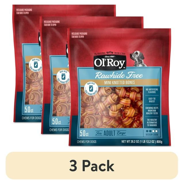 (3 pack) Ol' Roy 2.5" Rawhide Free Mini Knotted Peanut Butter Flavored Bones, Chews for Dogs, 28.2 oz, 50 Count