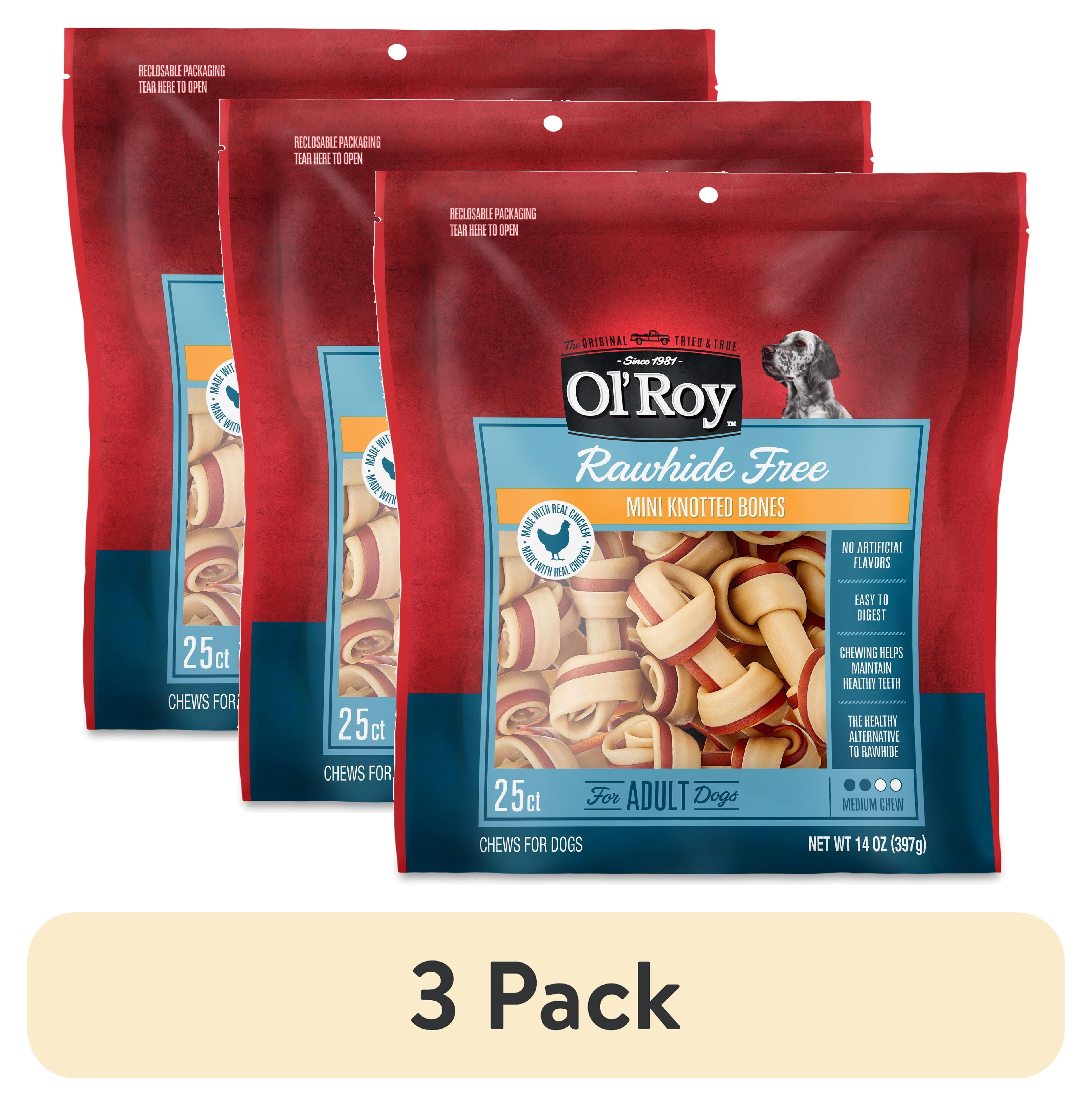(3 pack) Ol' Roy 2.5-inch Rawhide Free Mini Knotted Chicken Flavored Bones, Chews for Dogs, 14 oz, 25 Count