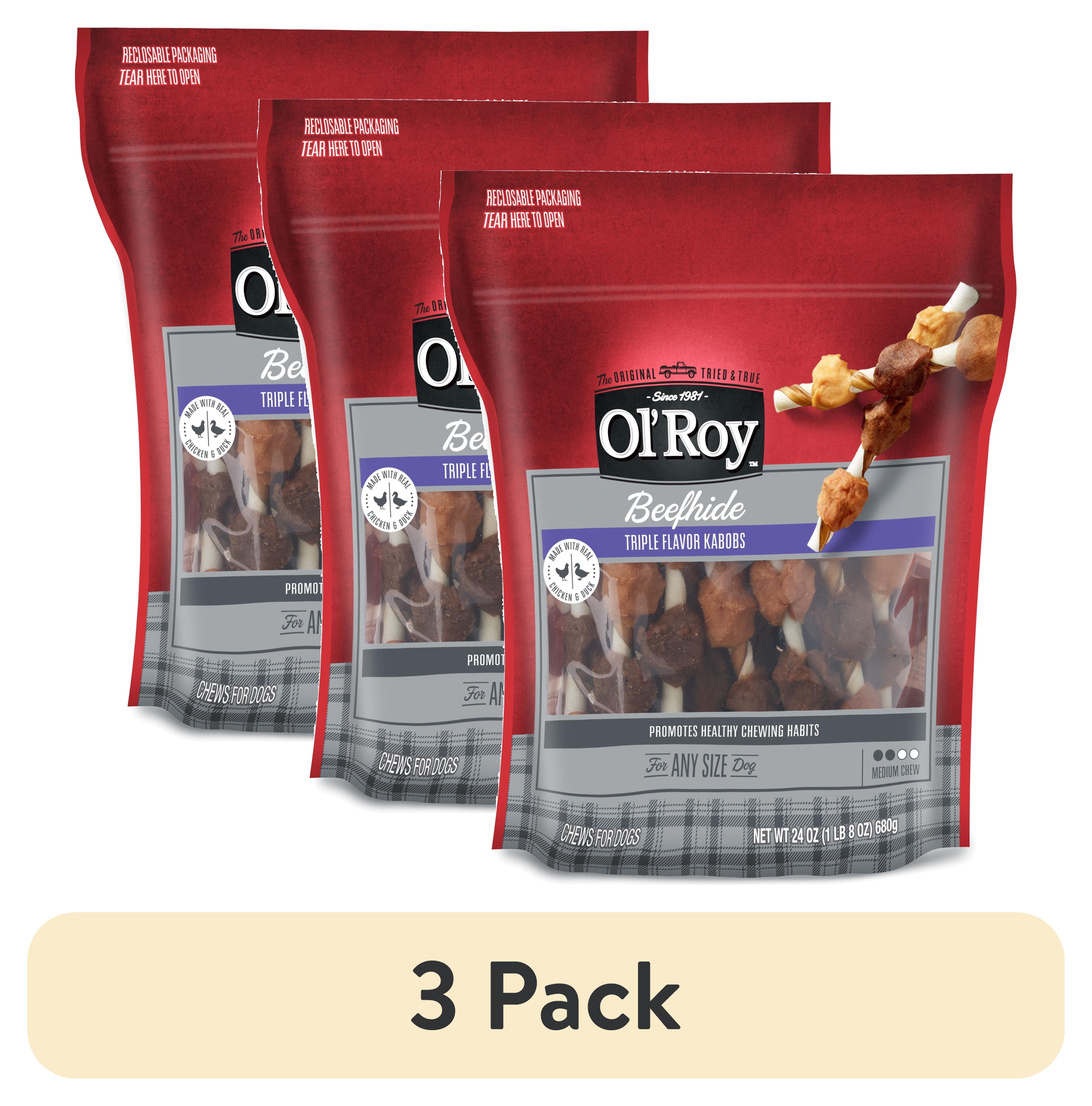 (3 pack) Ol Roy 24oz Beefhide Triple Flavor Kabobs Dry Dog Chews