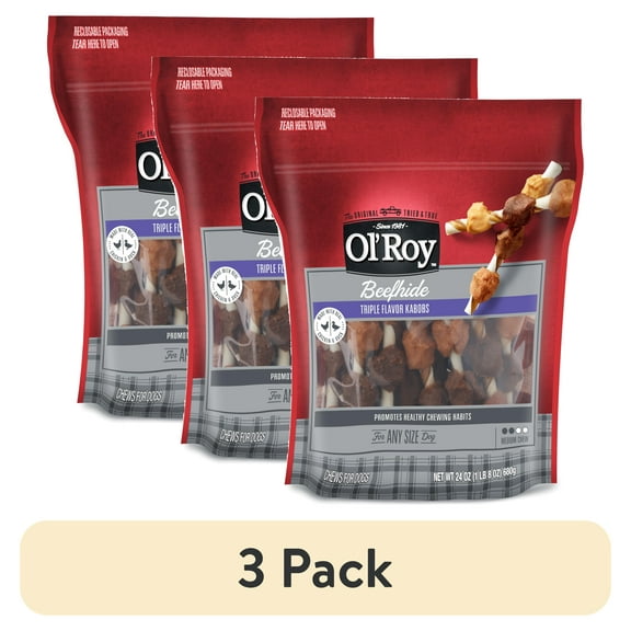 (3 pack) Ol Roy 24oz Beefhide Triple Flavor Kabobs Dry Dog Chews