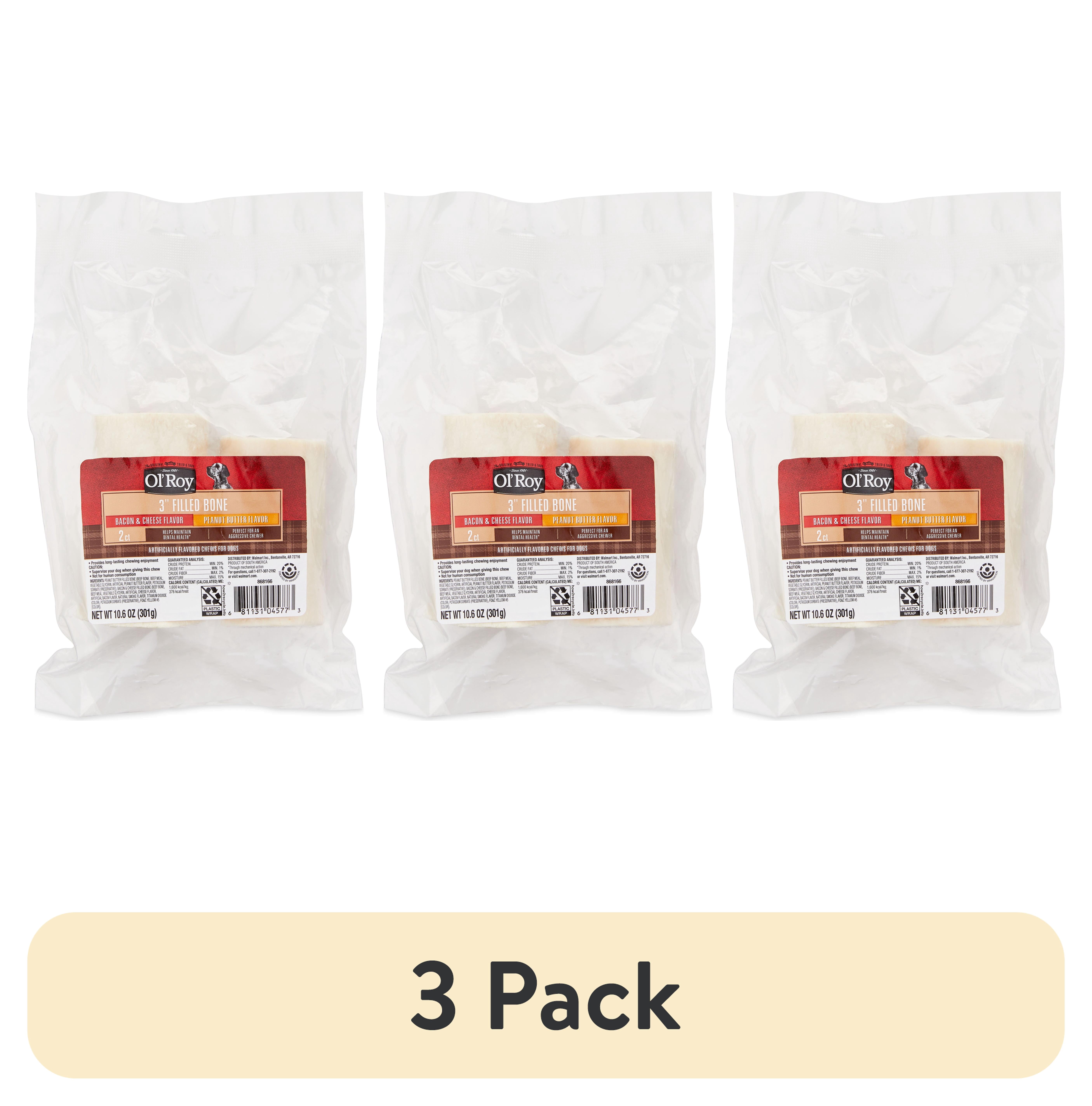 (3 pack) Ol' Roy 3-inch Stuffed Shin Bone Dog Chew Treats, 1 Peanut Butter and 1 Bacon and Cheese, 2 Count