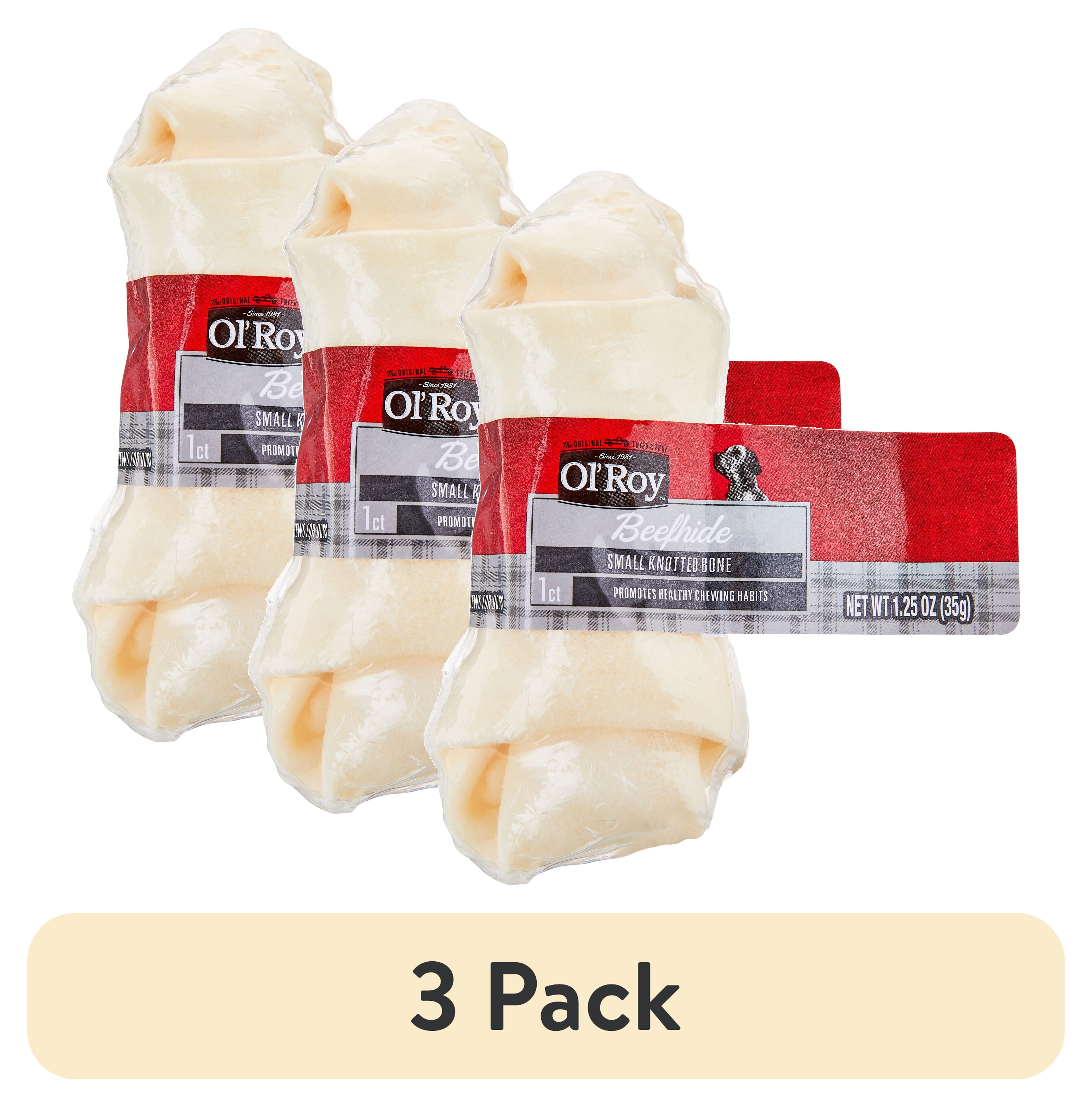 (3 pack) Ol' Roy 4" Rawhide Bone Natural Beefhide Chew for Dogs, Dry, 1.23 oz Bag, 1 Count