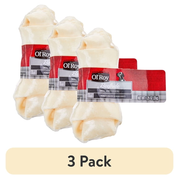 (3 pack) Ol' Roy 4" Rawhide Bone Natural Beefhide Chew for Dogs, Dry, 1.23 oz Bag, 1 Count