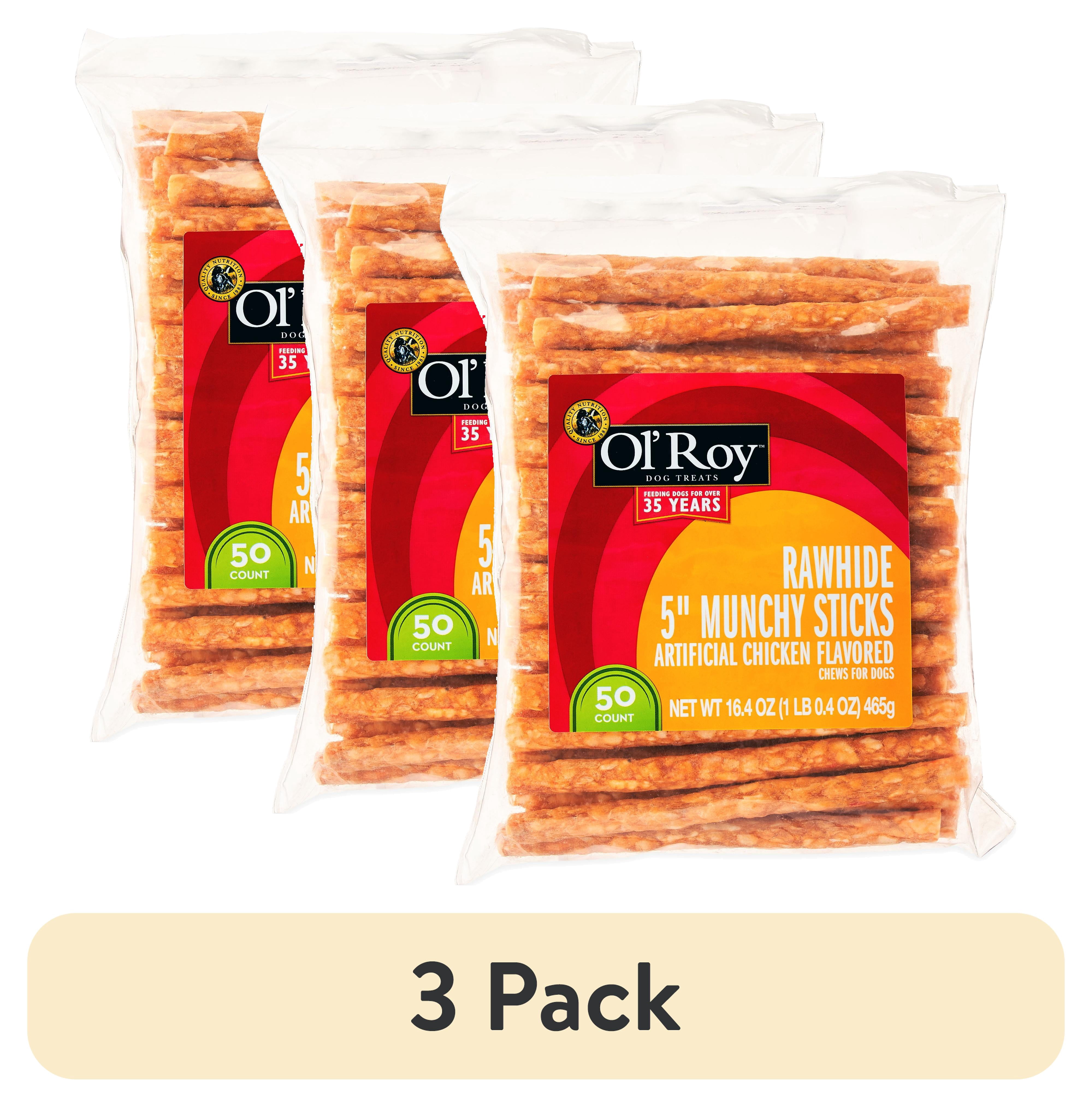 (3 pack) Ol' Roy 5" Rawhide Artificial Chicken Flavored Munchy Sticks, 16.4 oz, 50 Count