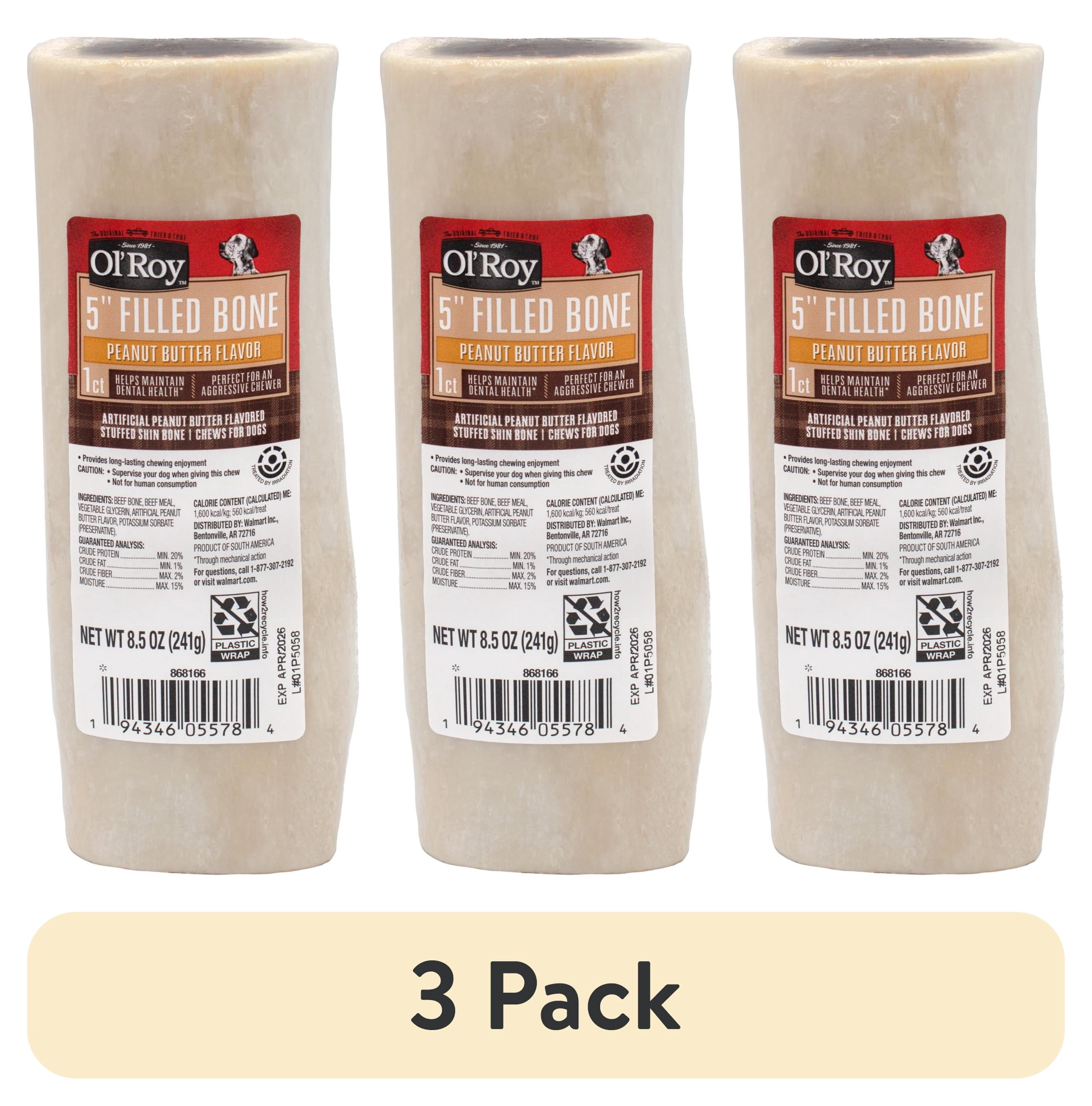 (3 pack) Ol' Roy 5-inch Stuffed Shin Dog Dry Chew Bone, Peanut Butter, 1 Count