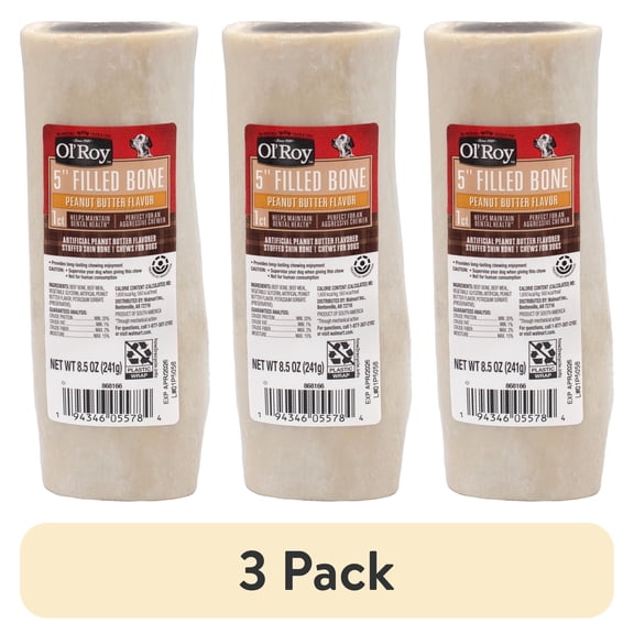 (3 pack) Ol' Roy 5-inch Stuffed Shin Dog Dry Chew Bone, Peanut Butter, 1 Count