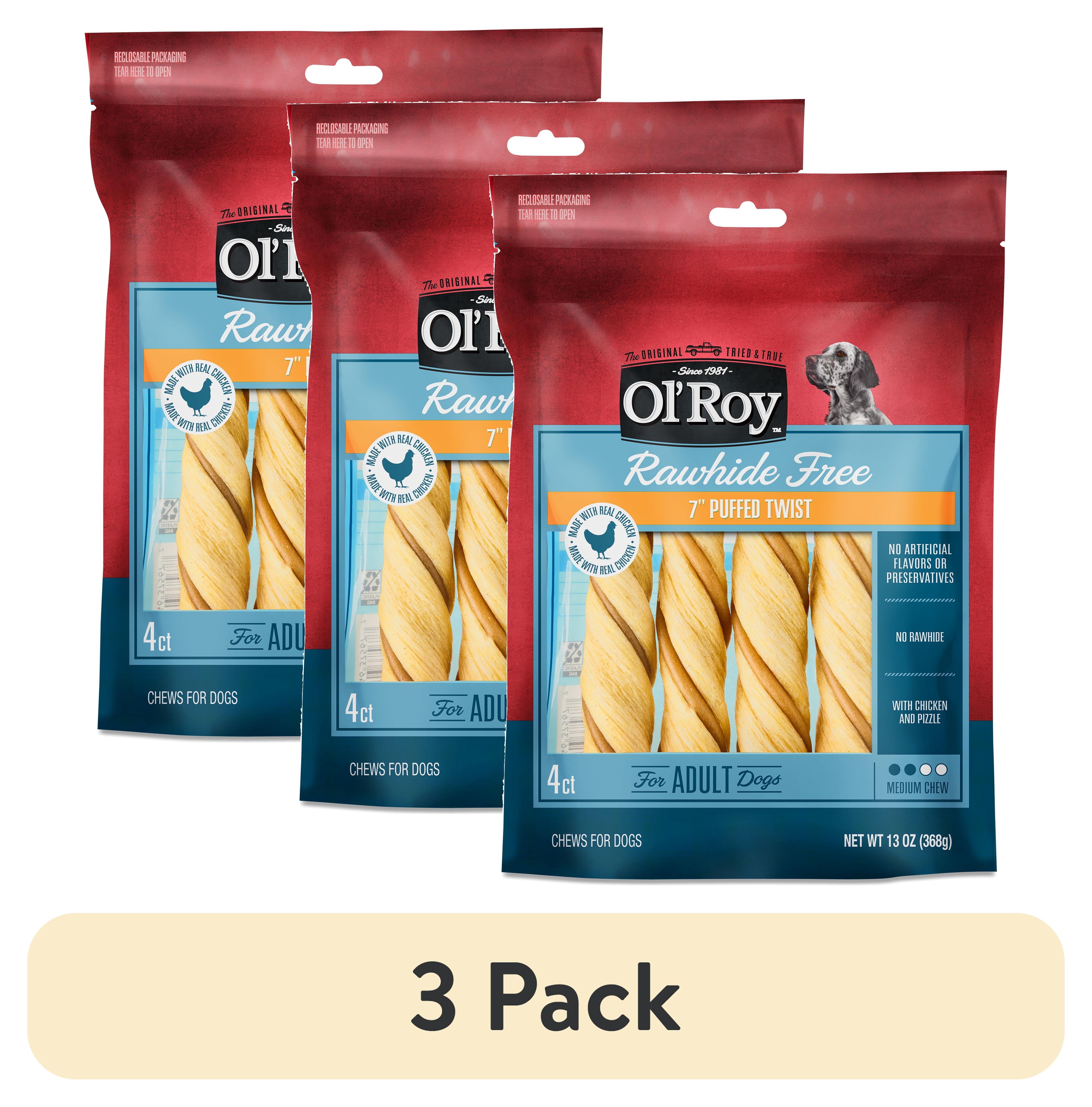 (3 pack) Ol' Roy 7 Inch Rawhide Free Puffed Twists for Dogs, 13 oz Bag, 4 Count