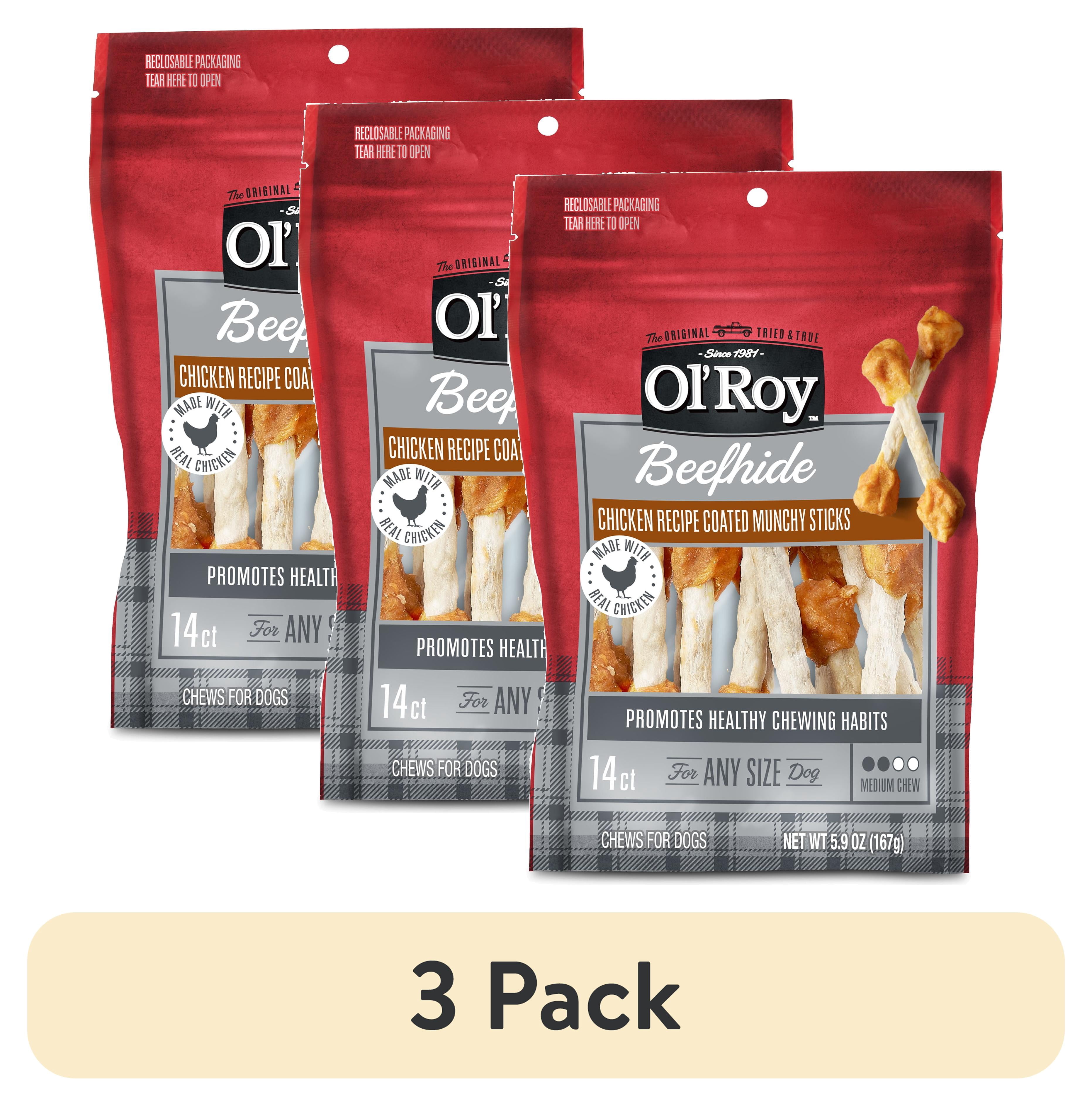 (3 pack) Ol' Roy Beef hide Coated Munchy Sticks, Chicken Recipe, Dry Training Treats for Dogs, 5.9 oz, 14 Count Bag