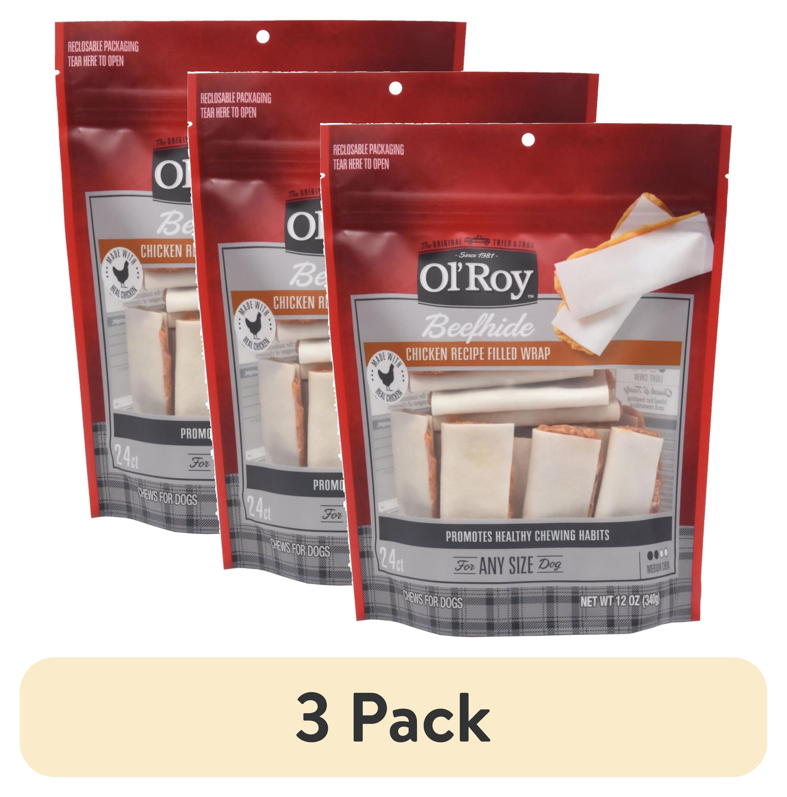 (3 pack) Ol' Roy Beef hide Filled Wrap, Chicken Recipe, Dry Training Treats for Dogs, 12 oz, 24 Count