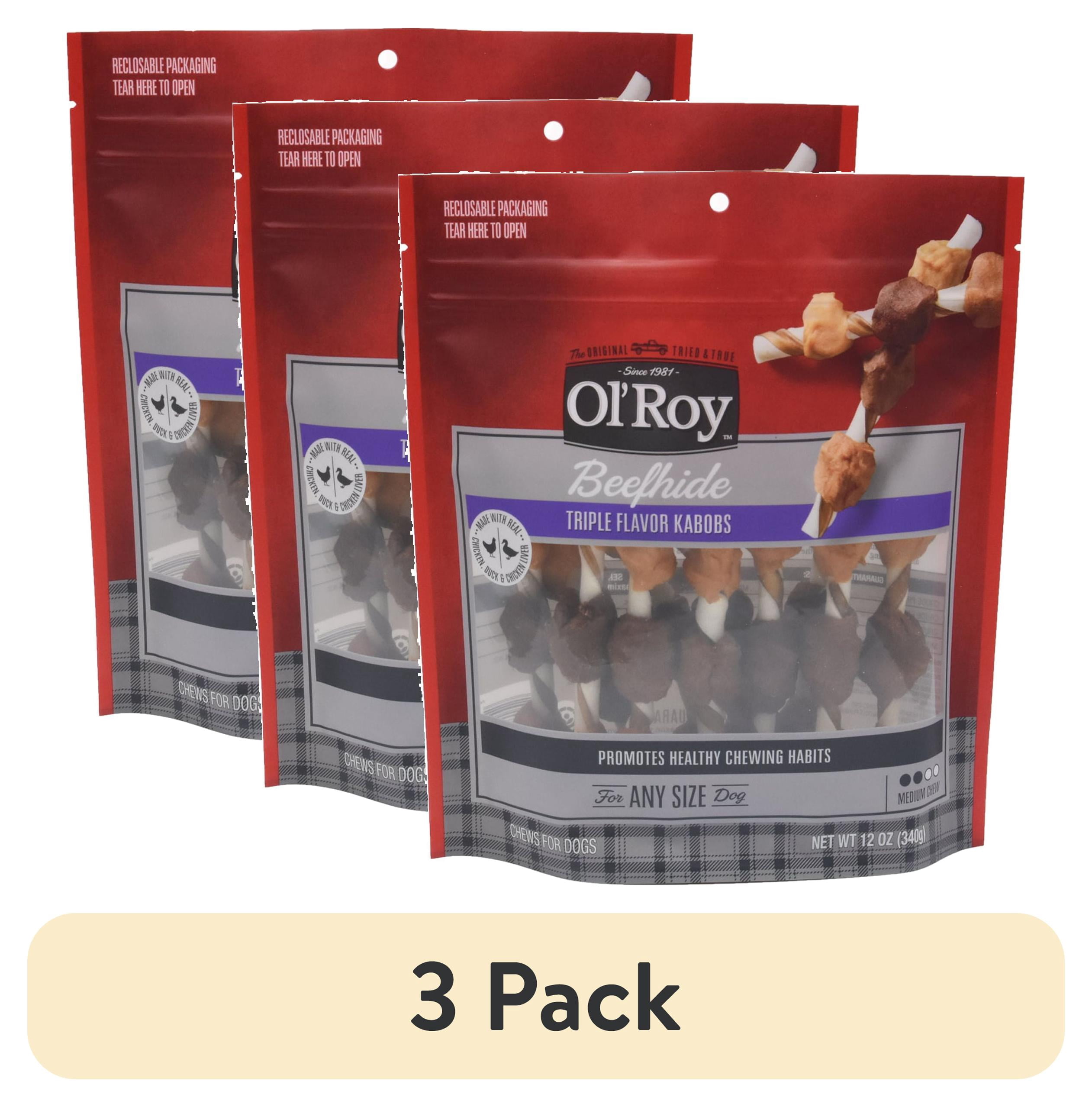 (3 pack) Ol' Roy Beef hide Triple Flavor Kabobs Dry Dog Chews, 12 oz
