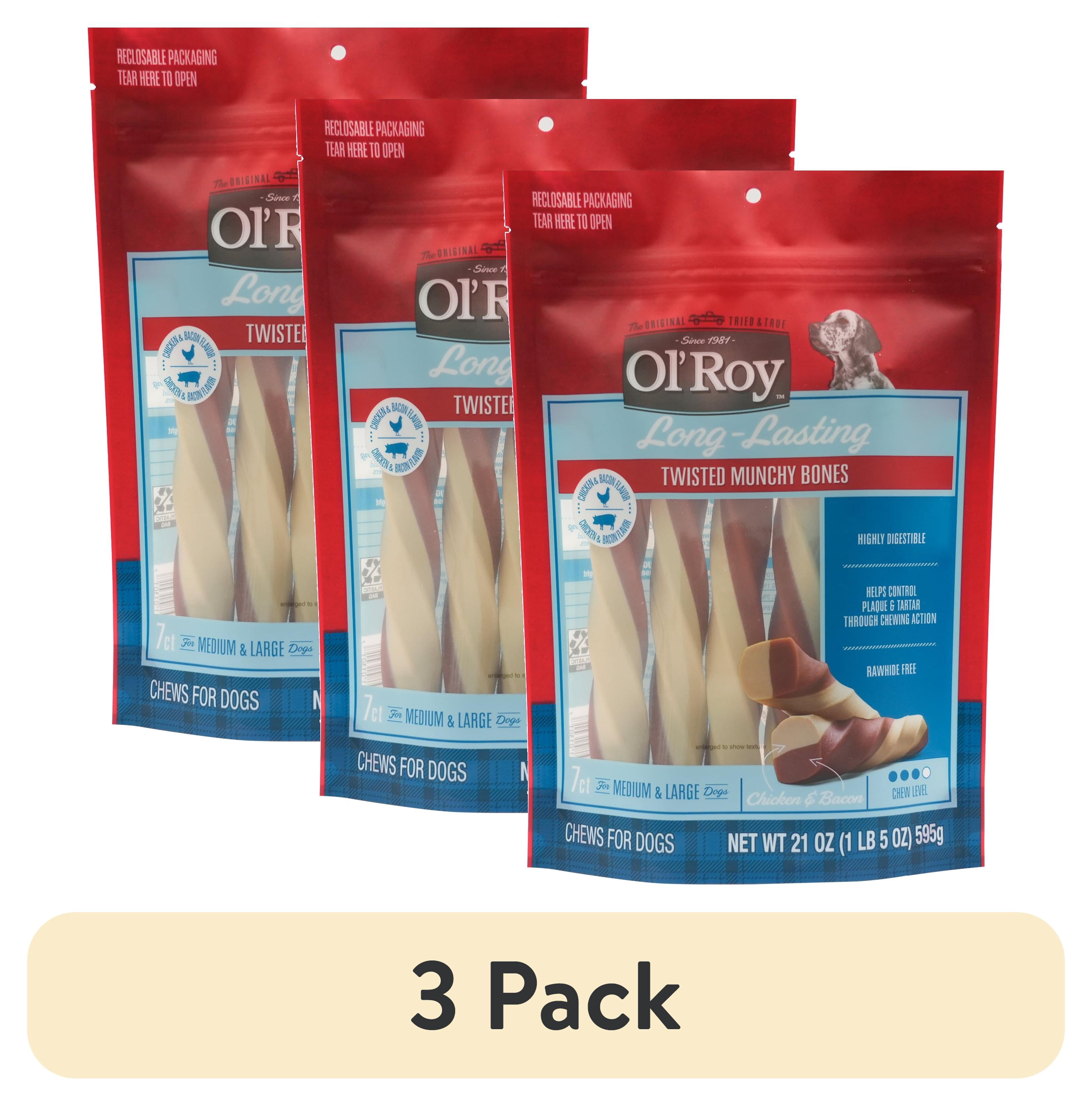 (3 pack) Ol' Roy Chicken and Bacon Flavor Twisted Munchy Bones Dog Treats for Medium and Large Dogs, 21 oz