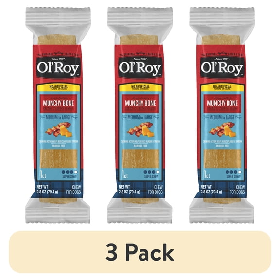(3 pack) Ol' Roy Munchy Bone Dog Treats, Bacon and Cheese, 2.8 oz, 1 Count
