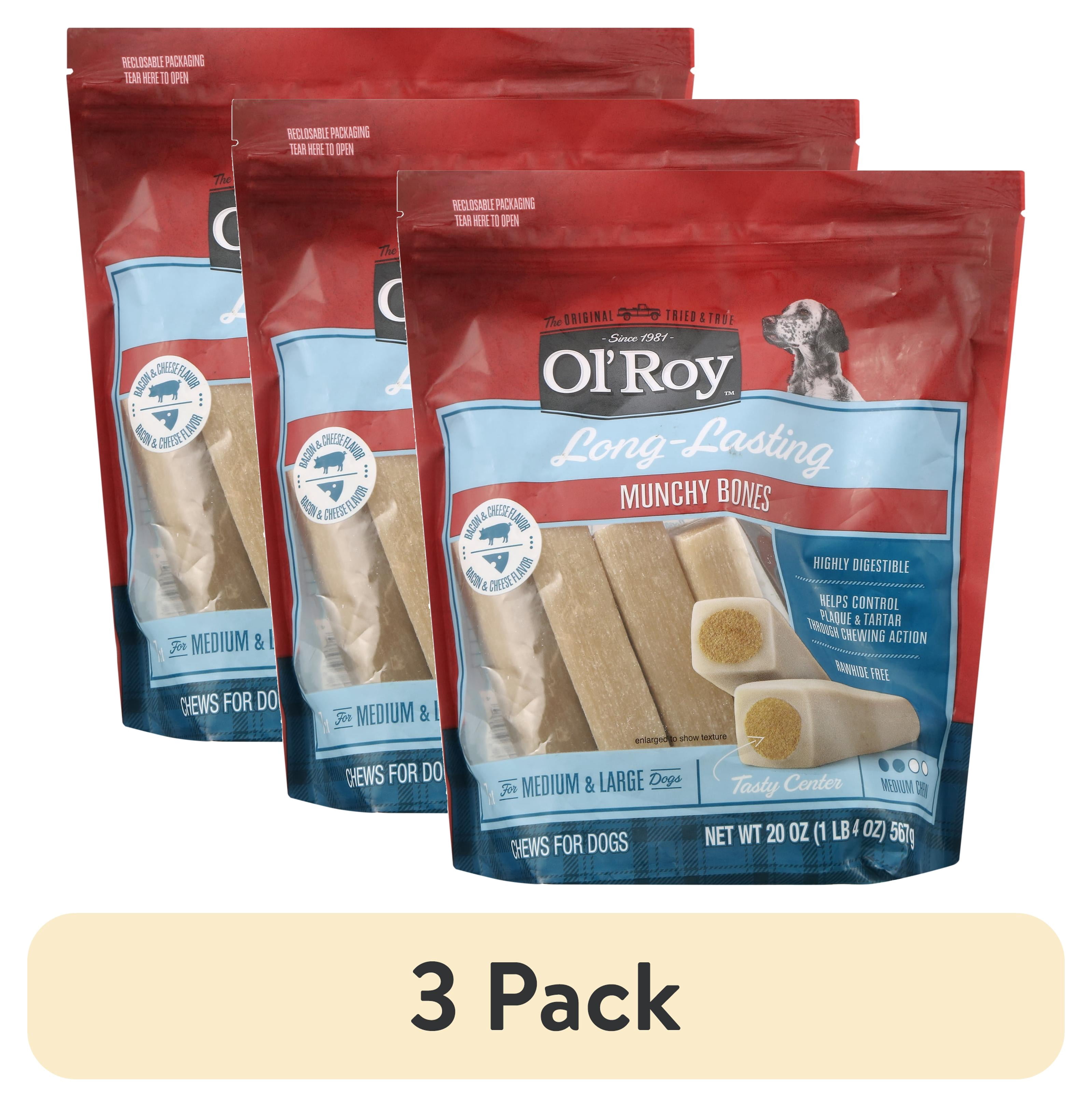 (3 pack) Ol' Roy Munchy Bone Dog Treats, Bacon and Cheese Flavor, 20 oz, 7 Count