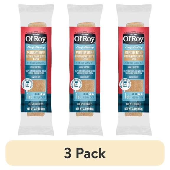 (3 pack) Ol' Roy Munchy Bone Dog Treats, Natural Peanut Butter Flavor, 2.8 oz, 1 Count