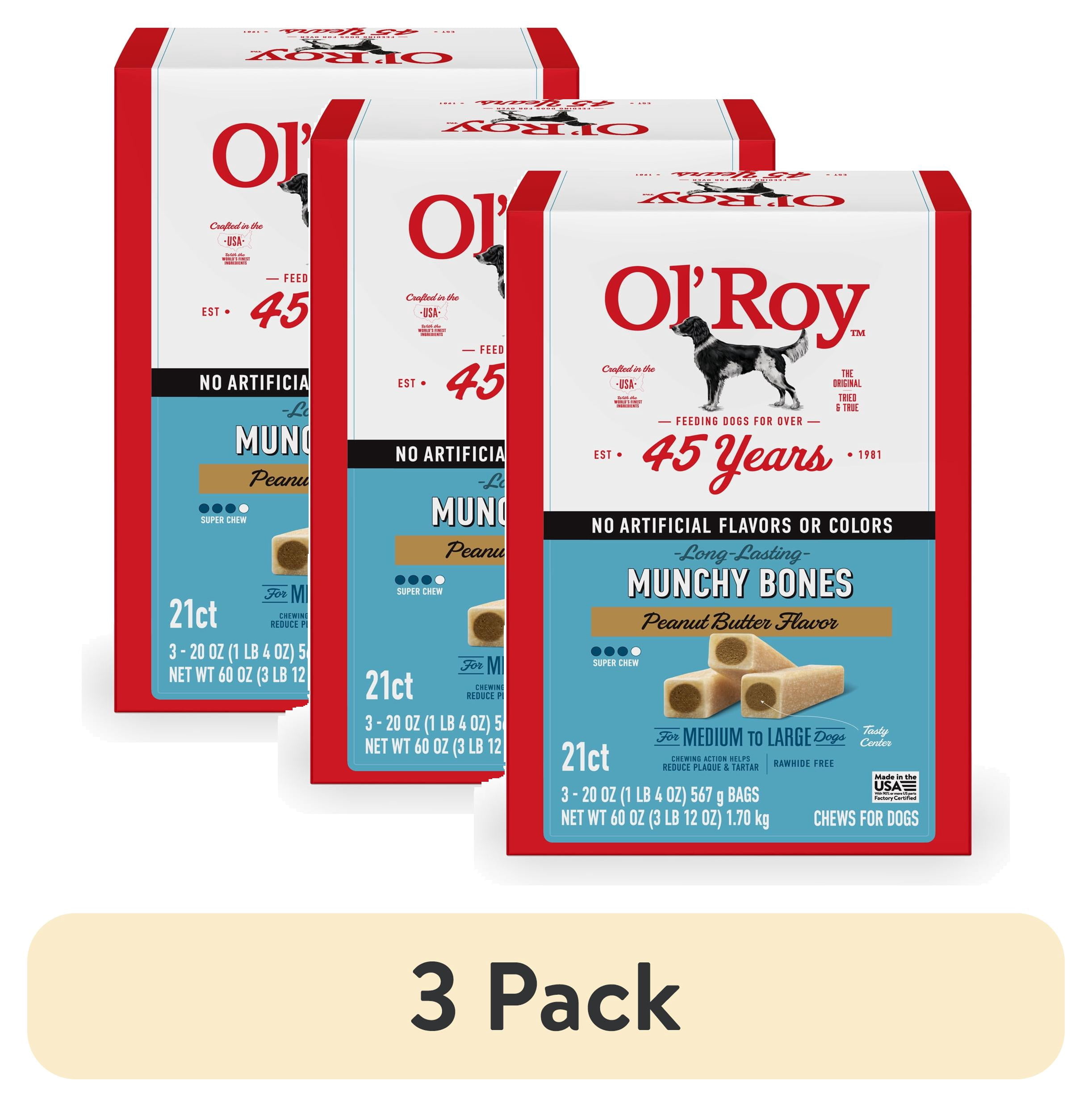 (3 pack) Ol' Roy Munchy Bone Dog Treats, Peanut Butter Flavor, 60 oz, 21 Count