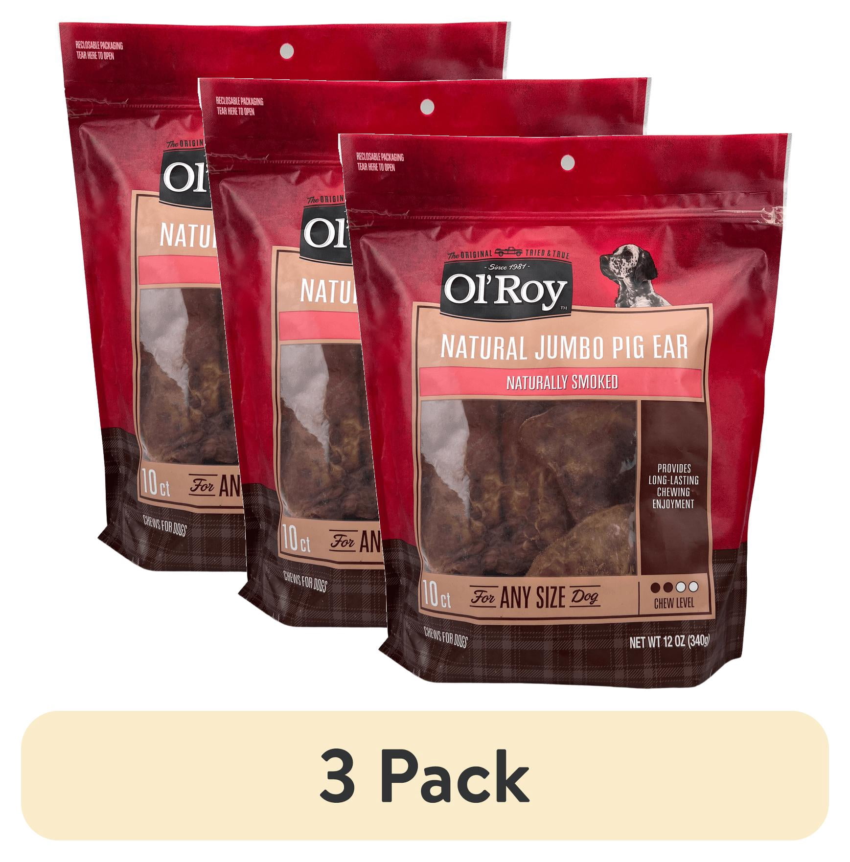 (3 pack) Ol' Roy Natural Jumbo Pig Ear Chews for Dogs, 12 oz, 10 Count
