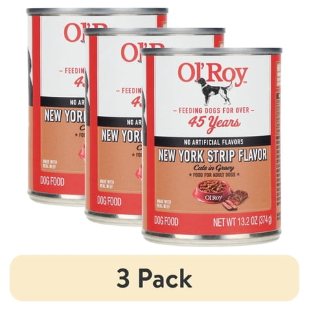 (3 pack) Ol' Roy New York Strip Flavor Cuts in Gravy Wet Dog Food, 13.2 oz Can