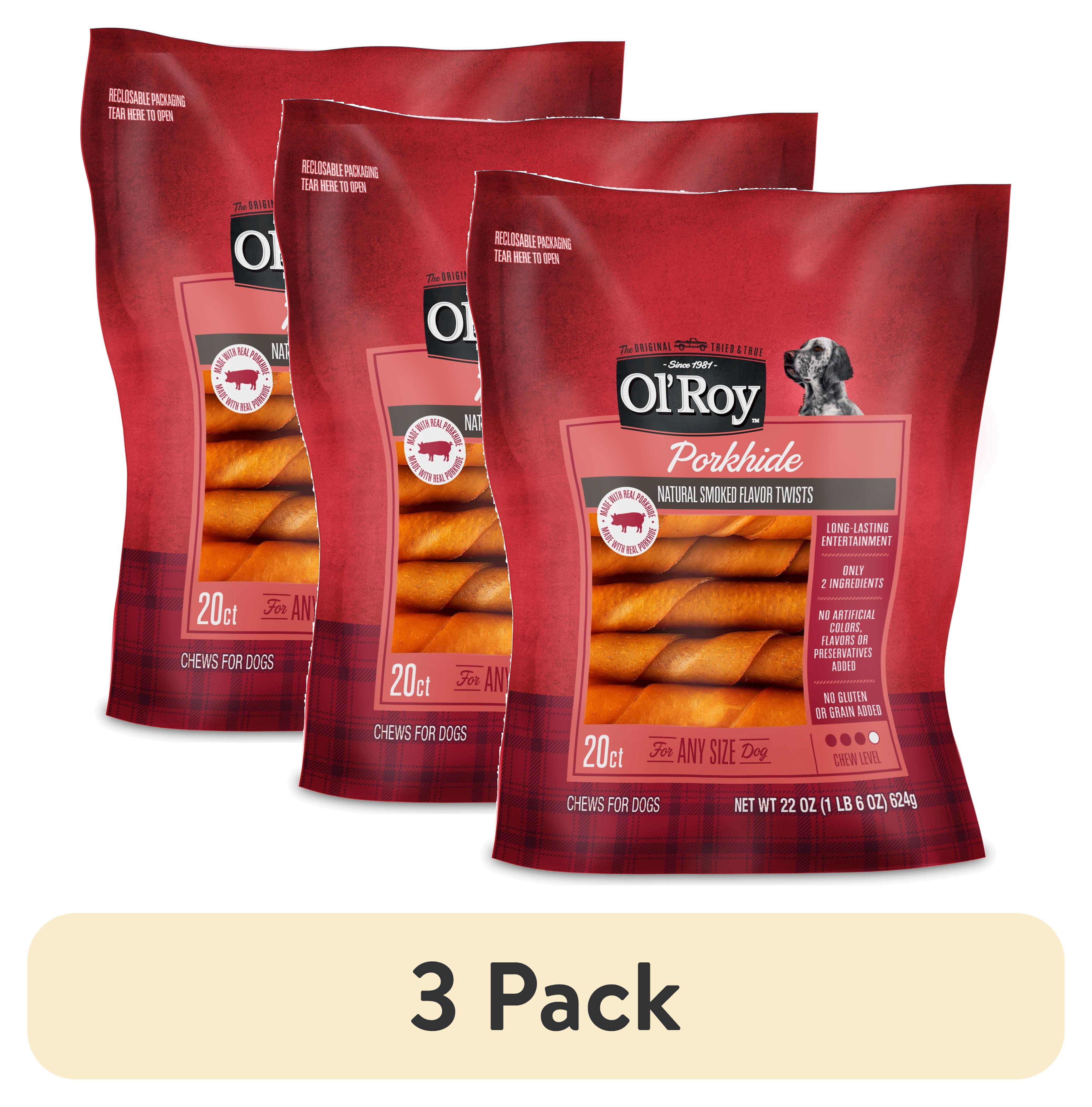 (3 pack) Ol' Roy Pork hide Natural Smoked Flavor Twists, 22 oz, 20 Count, Dry